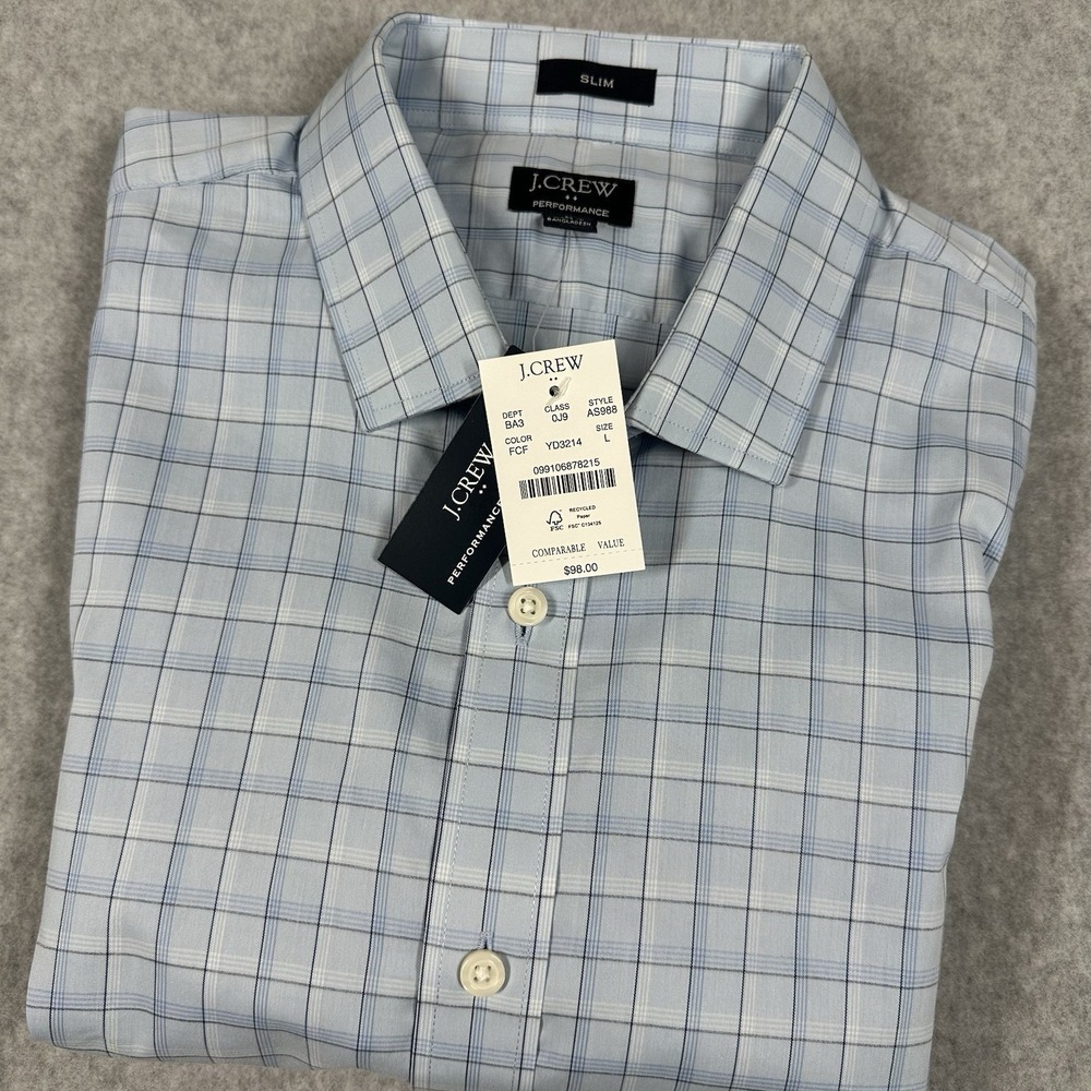 J.Crew Men's Performance Slim Fit Button Down White Blue Size Large Shirt NWT‎